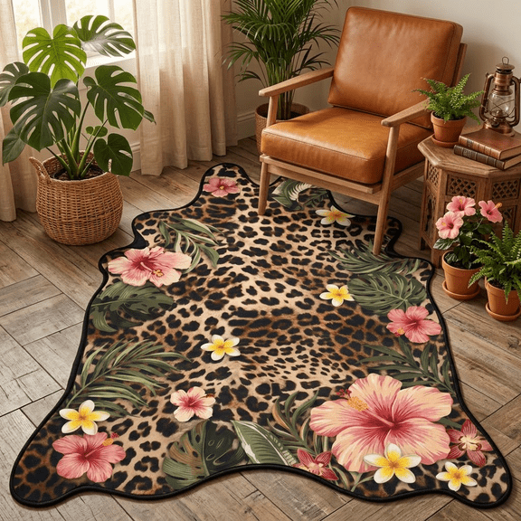 VALOMENE Leopard Area Rugs for Living Room 4' x 4.6', Machine Washable Non‑Slip Cheetah Floral Rugs, Bohemian Hibiscus Palm Leaf Cowhide Shaped Carpet, Dining Room, Playroom, Home Decor (Brown)