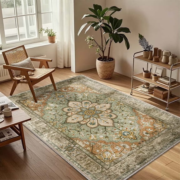 VALOMENE Area Rugs  3' x 5' Washable Non-Slip, Floral Vintage Print Carpet for Living Room Bedroom Dining Room,Orange Green