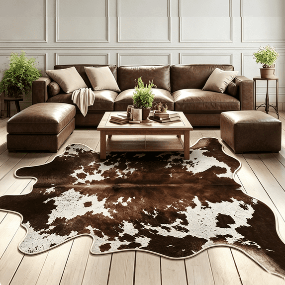VALOMENE Washable 5.7' x 7' Cow Print Area Rugs for Living Room Bedroom Animal Print Hide Skin Rustic Western Décor Black and Brown