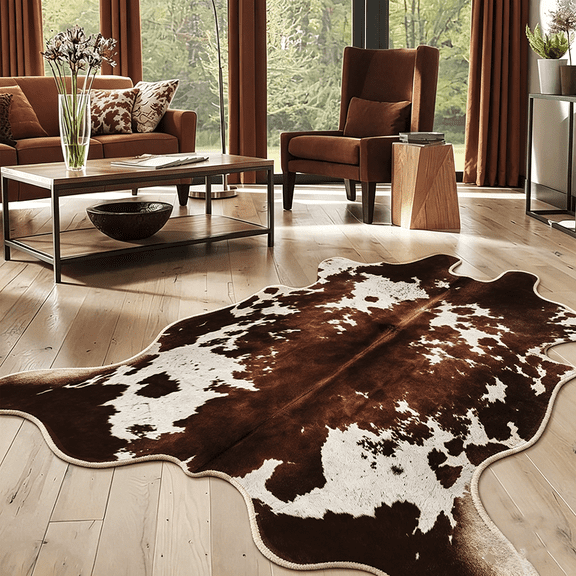 VALOMENE Washable 6' x 8' Cow Print Area Rugs for Living Room Bedroom Animal Print Hide Skin Rustic Western Décor Black and Brown