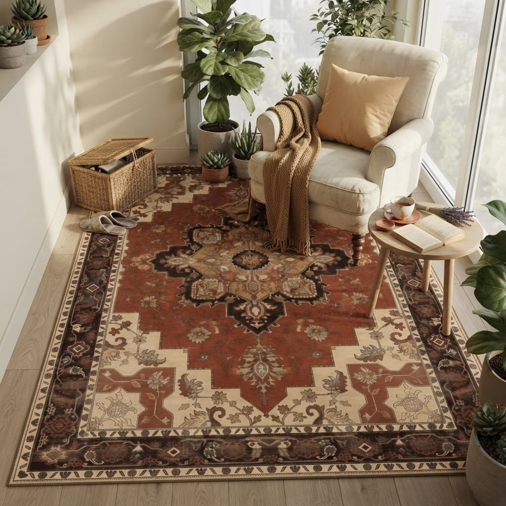 VALOMENE5x7 Traditional Vintage Rust Red & Cream Printed Medallion Area ...