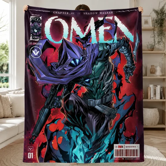 VALORANT Omen Shadow Walker Flannel Blanket, Dark Comic Style Gaming Character Throw for Couch, Bed, Bedroom, Dorm and Game Room Decor, Gift for Gamers and Fans