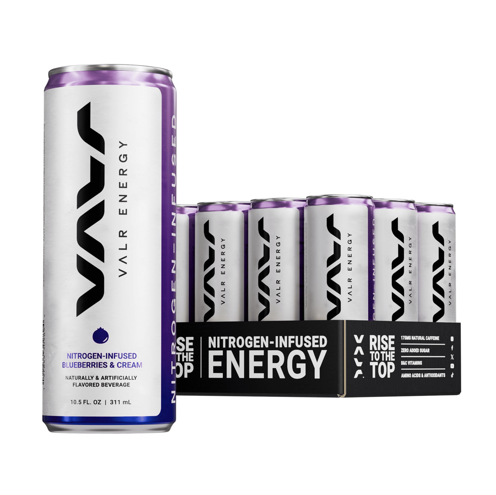VALR Energy | Blueberry Tart Nitrogen-Infused Energy Drink | 12 Pack | 175mg Natural Caffeine from Green Tea | Pre-Workout Performance with Amino Acids & Antioxidants | Gluten-Free & Vegan