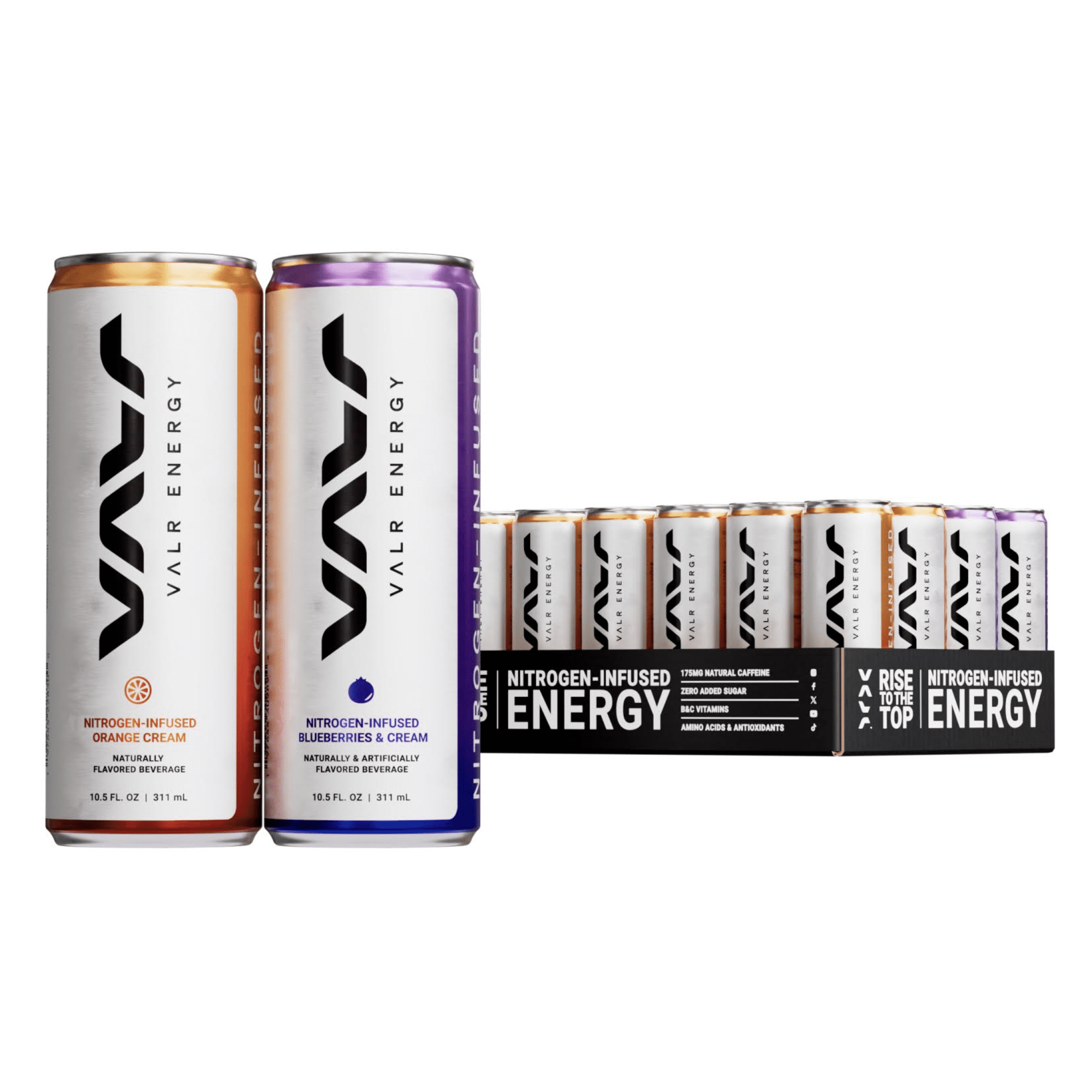 VALR Energy | Orange Cream & Blueberry Tart Nitrogen-Infused Energy Drink | 24 Pack | 175mg Natural Caffeine from Green Tea | Pre-Workout Performance with Amino Acids & Antioxidants