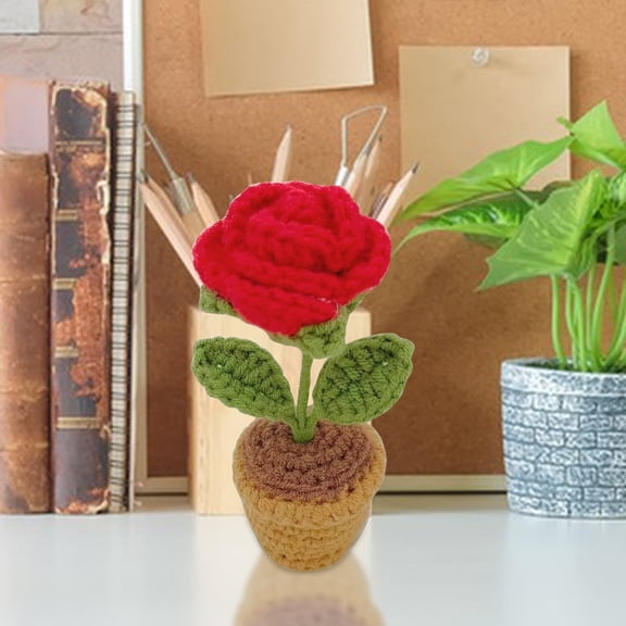 VALSEEL Clearance Handmades Knitted Flowers Woven Potted Flowers, Rose Crochets, Self-made Simulated Flower Office Decorations, Finished Wool Products