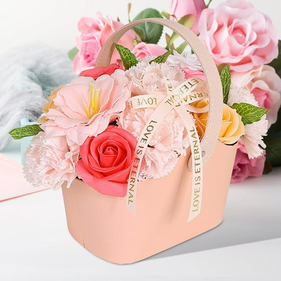 VALSEEL Home Decor Soap Flower Rose Portable Flower Basket, Decorative Gift for Season Of Graduation Teachers'Day Mother's Day, Table Center Piece Decoration Artificial Flower Set Ornaments