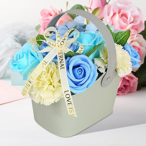 VALSEEL Home Decor Soap Flower Rose Portable Flower Basket, Decorative Gift for Season Of Graduation Teachers'Day Mother's Day, Table Center Piece Decoration Artificial Flower Set Ornaments