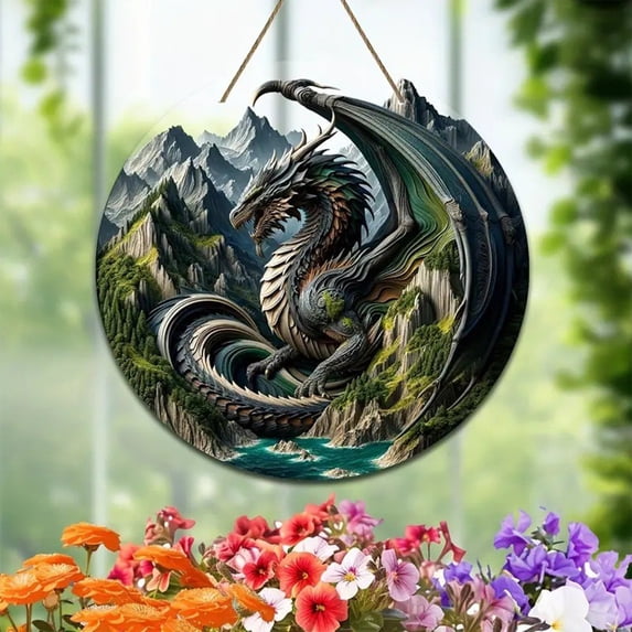 VALSEEL Dragon-Themed Acrylic Window Ornament - Printed Christmas Ornament Round Porcelain Christmas Ornaments Christmas Tree Decorations For Home Holidays