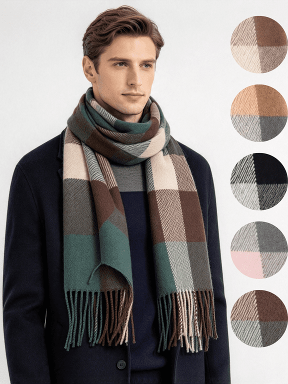 Scarf for Men Plaid Tassel Winter Scarves Cold Weather Soft Warm Long Windproof Neck Wrap Classic Checkered Muffler Green
