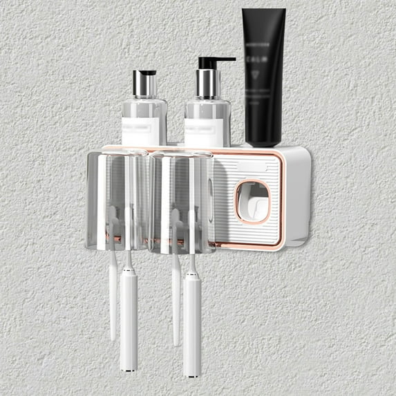 VALSEEL Toothbrush Holders For Bathrooms, Toothbrush Holder Wall Mounted With Toothpaste Dispenser,With Toothbrush Cup,Tray Bathroom Toothbrush Toothpaste Dispenser
