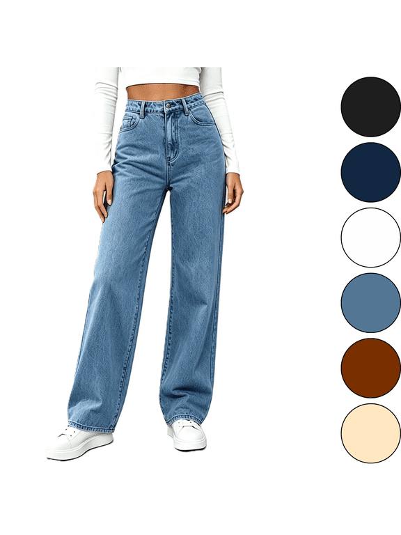 Womens Jeans High Waist Wide Leg Jeans with Pockets Straight Stretch Zip‑Fly Wrinkle Resistant For Daily Casual Wear Blue