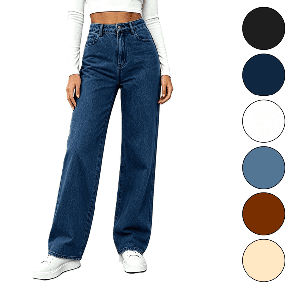 VALSEEL Womens Jeans High Waist Wide Leg Jeans with Pockets Straight Stretch Zip‑Fly Wrinkle Resistant For Daily Casual Wear Blue