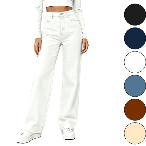 VALSEEL Womens Jeans High Waist Wide Leg Jeans with Pockets Straight Stretch Zip‑Fly Wrinkle Resistant For Daily Casual Wear White