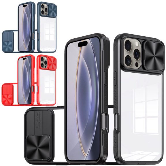 VALUE 3-PACK HD Transparent Case with Camera Privacy Cover for iPhone 16 Pro Max - Black Blue Red