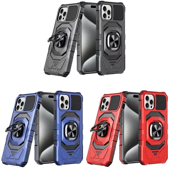 VALUE 3-PACK Military Grade Robotic Series Hybrid Case with Ring Grip for iPhone 15 Pro Max - Black Blue Red