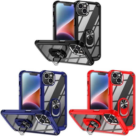 VALUE 3-PACK Tough Shield Snap-on Transparent Case with Ring Grip for iPhone 15 - Black Blue Red