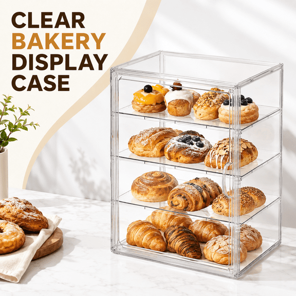 VALUNE 1-Pack 4-Tier Adjustable Clear Pastry Display Case & Bread Box, Magnetic Door Design, Countertop Bread Storage for Bakery & Pastry, 15.5x11.4x9.8 Inch