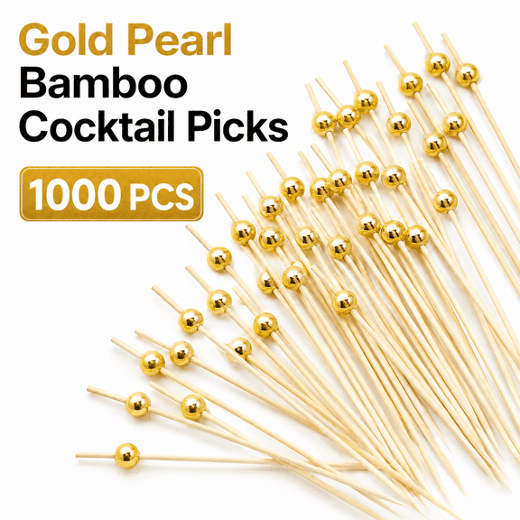 VALUNE 1000 Pieces 4.7 Inch Bamboo Cocktail Picks, Fancy Toothpicks Appetizer Skewers Gold, for Drinks Fruit Charcuterie Wedding Food Party