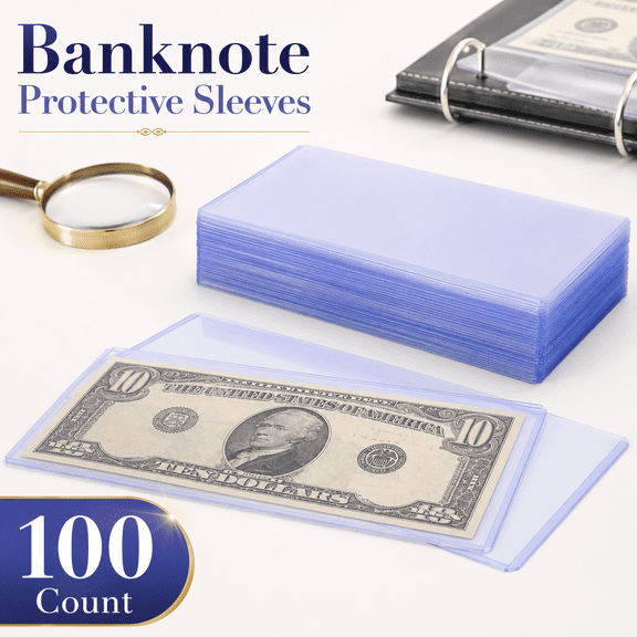 VALUNE 100PCS PVC Transparent Top‑Insert Banknotes Holders, Currency Bill Money Top‑Load Sleeves, Regular Bills Protector Display Storage Cases for Collectors