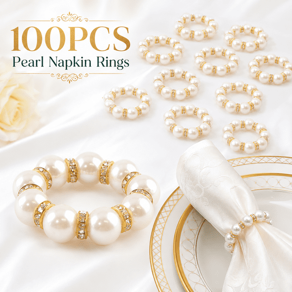 VALUNE 100Pcs Gold Imitation Pearl Napkin Rings, Delicate White & Gold Beaded Serviette Buckles, Disposable Napkin Holder for Wedding, Party, Dinner Table Decor and Daily Use