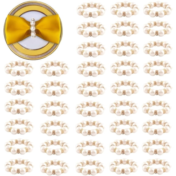 VALUNE 100Pcs Gold Imitation Pearl Napkin Rings, Delicate White & Gold Beaded Serviette Buckles, Disposable Napkin Holder for Wedding, Party, Dinner Table Decor and Daily Use