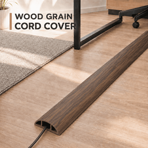 VALUNE 10ft wood-look floor cable hider, self-adhesive 0.47"×0.27" cord cover, prevents trips and organizes floor power cords.