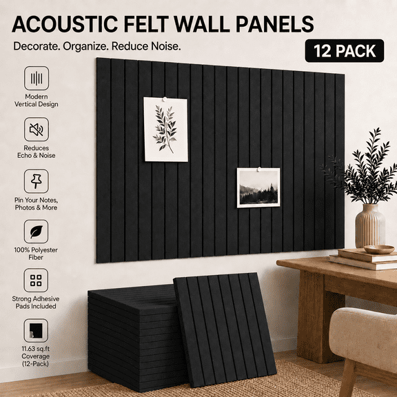 VALUNE 12 Pack Black Large Felt Bulletin Board 48"X 36", Cork Board Alternative for Walls, Home Office Classroom Pin Board with 70 Safe Removable Adhesive Tabs