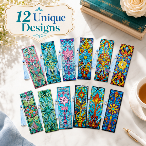 VALUNE 12 Pcs 5d Floral Rhinestone DIY Diamond Art Bookmarks Kit for Adults Women Beginners, Diamond Painting Acrylic Dotz Diamond Art Book Marks with Tassels Crafts Supply