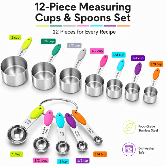 VALUNE 12 Stainless Steel Measuring Cups and Spoons Set, Kitchen Utensils for Cooking and Baking