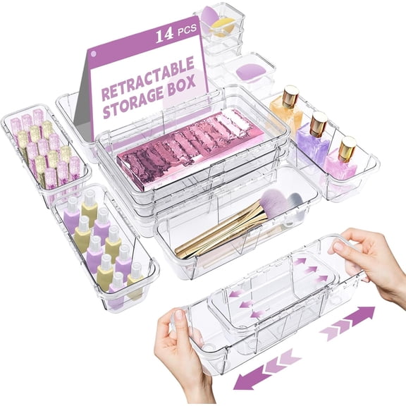 VALUNE 14 Pcs Clear Acrylic Drawer Organizer, 3-Size Adjustable Drawer Storage Bins, Desk Dresser Organizer for Makeup, Cosmetic, Kitchen Utensils and Gadgets