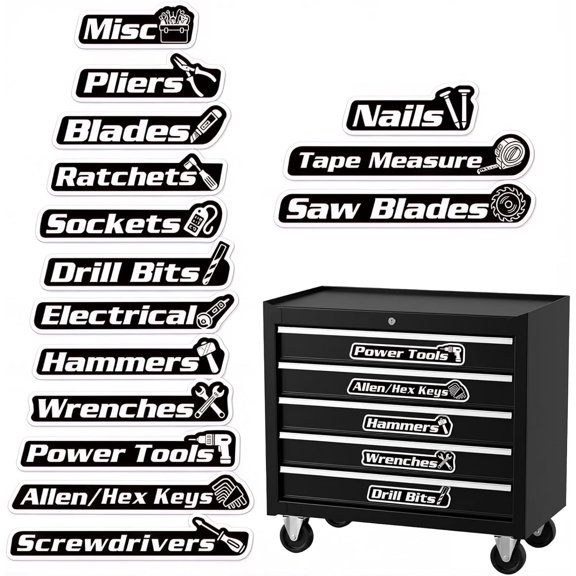 VALUNE 15-Pack Upgraded 3D Magnetic Tool Box Labels with Visual Icons, Fast ID Tool Box Magnets for Steel Chests, Narrow Drawers & Garage Organization, Practical Gift for Men