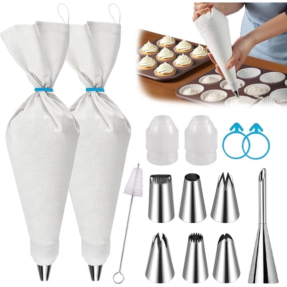 VALUNE 16" Reusable Piping Bags and Tips Set, Leak-Proof Cotton Icing Pastry Bags for Cake Decorating Cupcakes Cookies, Eco-Friendly Baking Kit for Home Bakers & Beginners