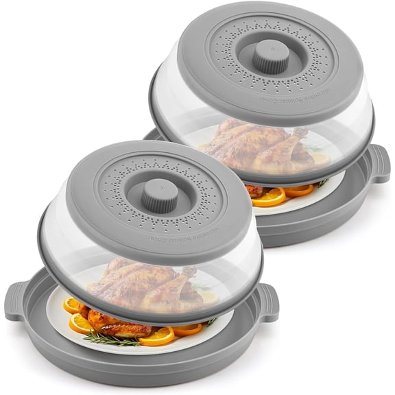 VALUNE 2 Pack 10.7 Inch Collapsible Microwave Food Splatter Cover with Anti-scald Base Plate, Large Plastic & Silicone Vented Avoid Scalding Guard Lid, Kitchen Essential Meal Prep Gadgets