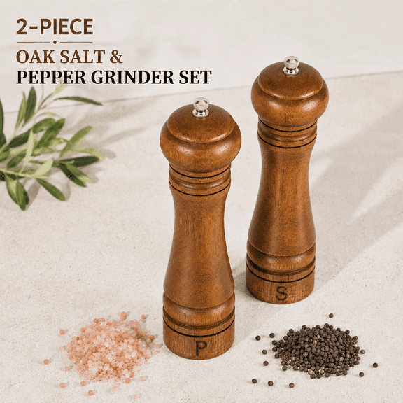 VALUNE 2-Pack 8 inch Solid Oak Salt Boxes, Refillable Mills with Adjustable Coarseness, Ceramic Stainless Steel Core for Kitchen & Tabletop Use