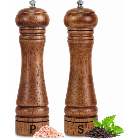 VALUNE 2-Pack 8 inch Solid Oak Salt Boxes, Refillable Mills with Adjustable Coarseness, Ceramic Stainless Steel Core for Kitchen & Tabletop Use