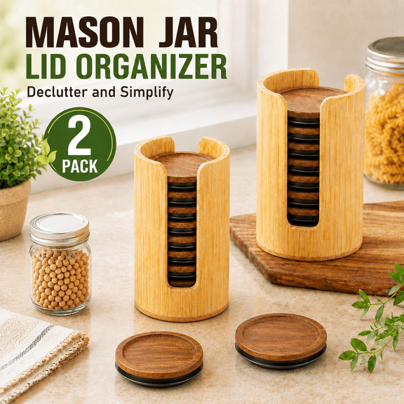 VBNDMAW 2 Pack Bamboo Mason Jar Lid Organizers, Vertical Countertop Holders for Wide & Regular Mouth Lids, Holds 20-24 Lids, No Assembly