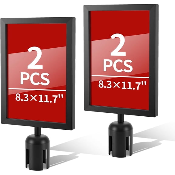 VALUNE 2 Pack Black Stanchion Sign Holders, 8.3 x 11.7 Inch Portrait Double Sided Sign Frame with Clear Cover, for Crowd Control Sentry Stanchions