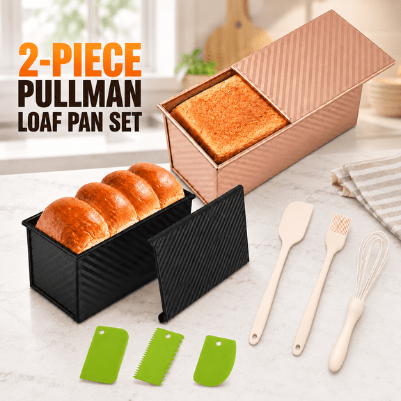 VALUNE 2-Pack Loaf Pans with Lids, 2.2 LB & 1 LB Dough Capacity, Non-Stick Carbon Steel Corrugated Toast Mold for Homemade Sandwich & Sourdough Bread