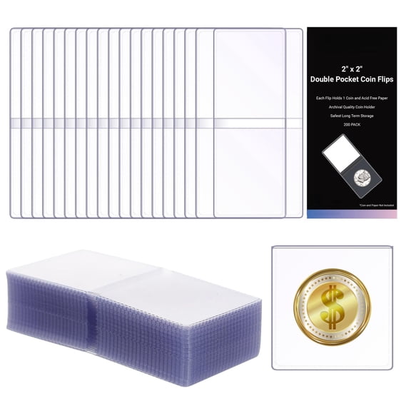 VALUNE 200-Pack 2 x 2 Inch Double-Pocket Coin Flips, Unplasticized Vinyl Coin Pocket Holders, Safety Coin Sleeves for Long Term Coin Collection Storage