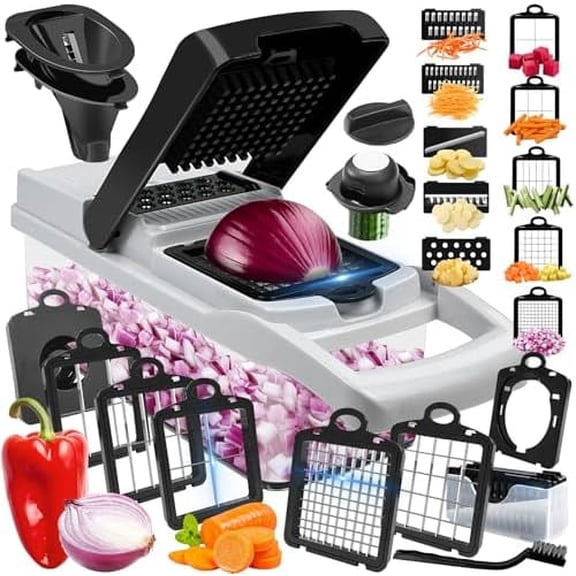 VALUNE 23-in-1 Black Vegetable Chopper, 10 Blades Slicer Onion Dicer, Multi Veggie Mandoline Food Cutter for Tomato Fruit, Vegetable Cutter with Container, Hand Protector, Egg Separator & Slicer