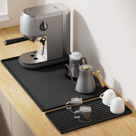 VALUNE  24"x 16"  Silicone Coffee Mat Set, Coffee Bar Mat for Countertop, Kitchen Station Pad Accessories, Under Coffee Maker or Machine Dish Drying Mat, Heat Resistant Black Kitchen Gadget