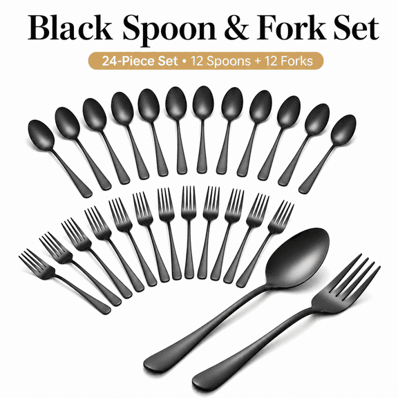 VALUNE 24pcs Black Stainless Steel Silverware Set, Durable Dishwasher Safe Forks And Spoons For Home Kitchen