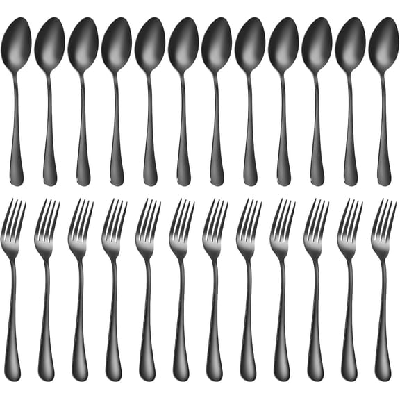 VALUNE 24pcs Black Stainless Steel Silverware Set, Durable Dishwasher Safe Forks And Spoons For Home Kitchen