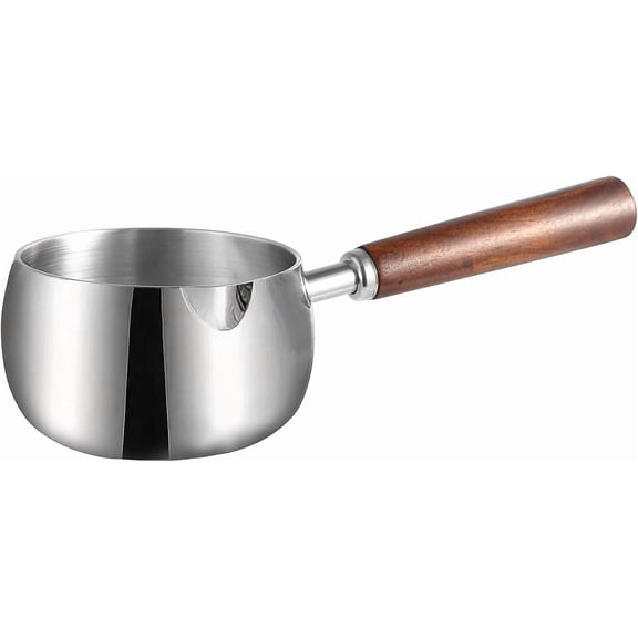 VALUNE 27oz SUS304 Stainless Steel Milk & Butter Warmer Pot with Wooden Handle, 1-2 Servings Small Sauce Pot for Heating Milk, Melting Butter and Cooking Small Sauces