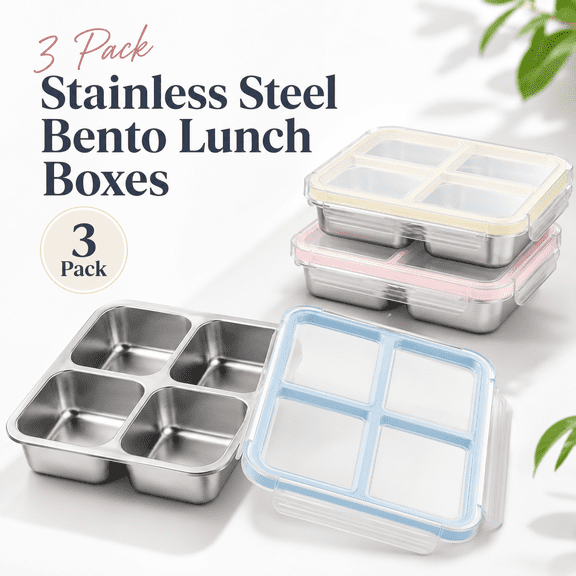 VALUNE 3 Pack 4 Compartment Stainless Steel Snack Containers with Lids, Reusable Divided Lunch & Food Storage Containers for Work, Travel (Pink, Yellow, Blue)