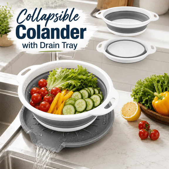 VALUNE 3-Pack Collapsible Food Colanders with Over-Sink Draining Tray, Foldable Space-Saving Kitchen Strainers for Vegetables, Fruits, Pasta and Rice, White-Gray