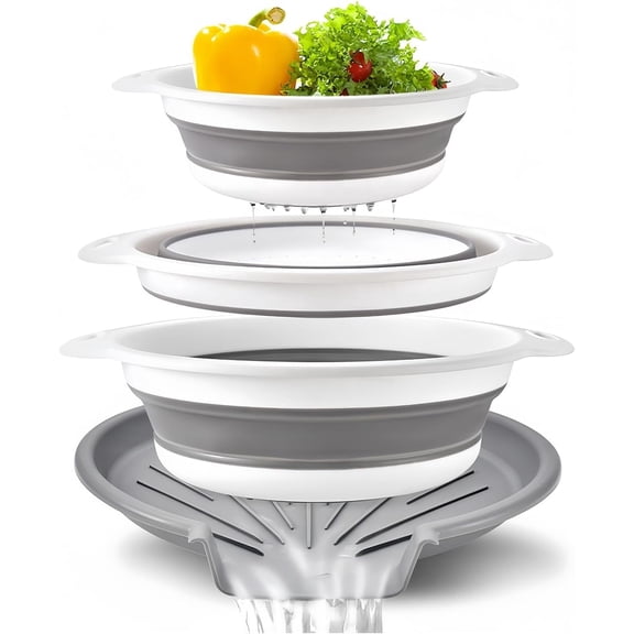 VALUNE 3-Pack Collapsible Food Colanders with Over-Sink Draining Tray, Foldable Space-Saving Kitchen Strainers for Vegetables, Fruits, Pasta and Rice, White-Gray