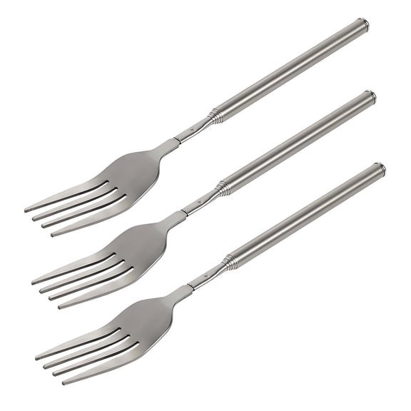 VALUNE 3 Pcs Stainless Steel Telescopic Extendable Fork, 8.7-25.4 Inch Adjustable Length BBQ Cutlery, Long Handle Utensil for Fruit, Dessert and Prank Use