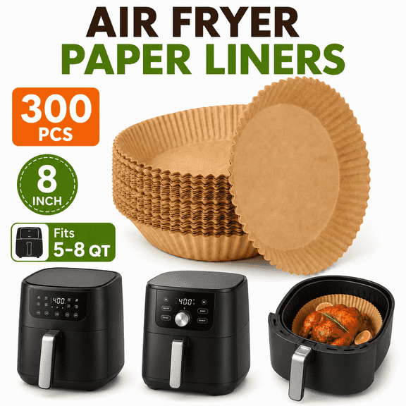 VALUNE 300PCS 8 Inch Round Disposable Air Fryer Liners, Parchment Paper for 5QT,  6.5QT,  6QT & 5–8QT Air Fryer Accessories