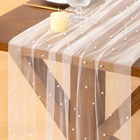VALUNE 3Pcs Ivory White Pearl Tulle Cheesecloth Table Runner, 10FT Gauze Table Decor, Ideal for Spring Easter, Wedding, Birthday and Holiday Party Centerpieces